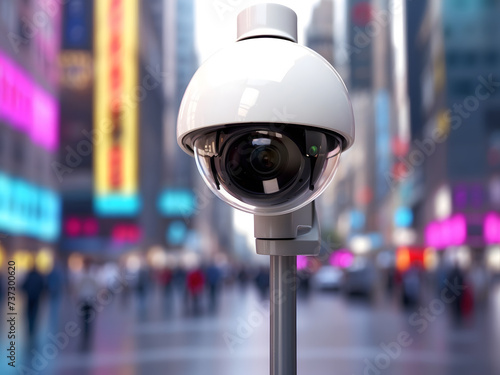 City street security camera surveillance system for motion and face identity identification or recognition sensor, live monitoring, and futuristic recording video concept as large banner copy space.