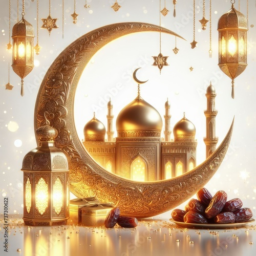 Eternal Shimmer: Golden Crescent, Lantern, and Mosque in Ramadan Serenity