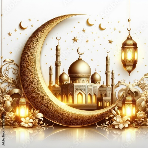 Elegant Ramadan Glow: Shimmering Crescent, Lantern, and Mosque Adorn the Festivities