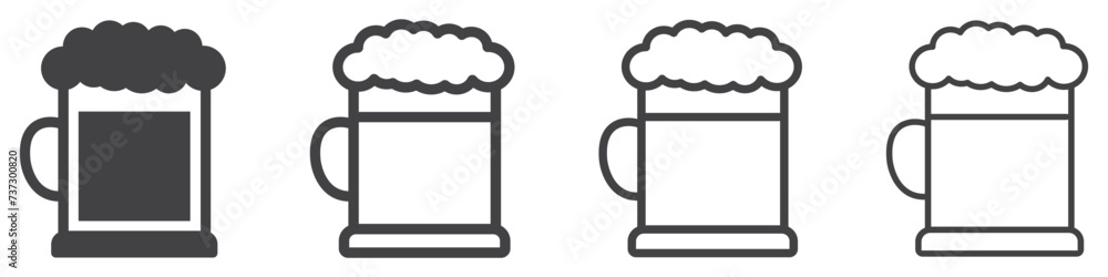 Set of beer mug icons. Beer mug with foam, glass of beer. Collection of beer mugs with foam icon. Vector illustration.