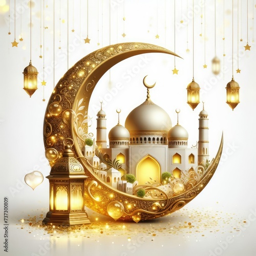 Radiant Crescent: Lustrous Ramadan Celebrations with Lantern and Golden Mosque