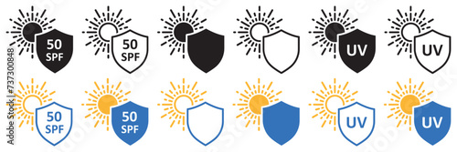Set of sun protection shield icons. Protection from sun radiation and ultraviolet, SPF 50, UV. Sun block, radiation, shield and sun. Sun shield logo, vector.