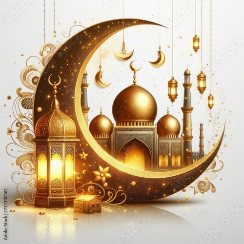 Spectral Gold: Crescent, Lantern, and Mosque Illuminate the Holiness of Ramadan