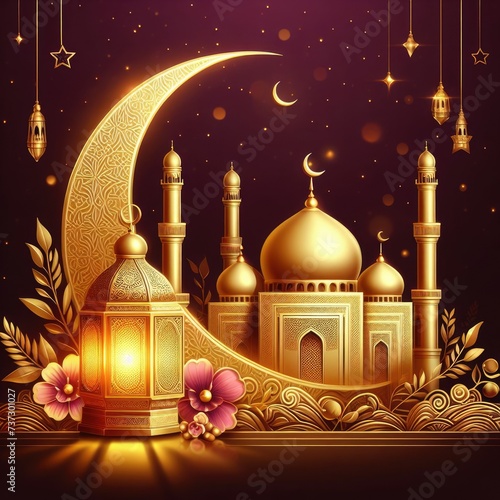 Blessed Brilliance: Golden Crescent, Lantern, and Mosque in Ramadan Jubilation