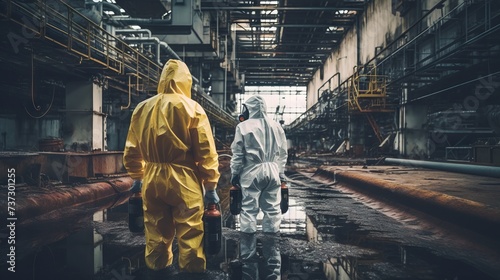 Emergency response specialists for radioactive and chemical leaks, wearing protective suits, work in an old room, Sewer, Basement, factory, at the disaster site. photo