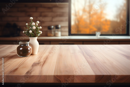 Empty wooden table inside the kitchen for advertising product placement ai generated