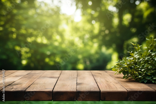 wooden table and green grass,ai generated