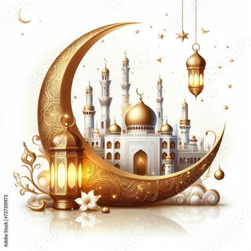 Radiant Ramadan Magic: Golden Crescent, Lantern, and Mosque Set the Celebration Aglow