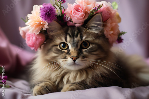 portrait of a cat with flower crown sitting indoors,ai generated