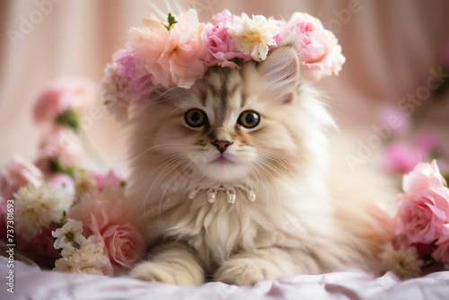 Cute fluffy kitten with a crown of flowers on her head,ai generated