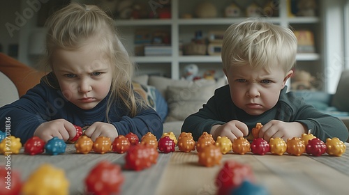  A realistic photograph capturing the focused expressions of two young siblings as they play with colorful toys  highlighting childhood concentration and sibling interaction.