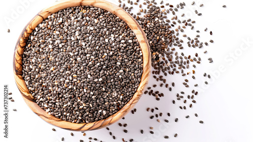 Overhead shot of a bowl overflowing with chia seeds, isolated on a white background, highlighting the seeds' rich texture.
