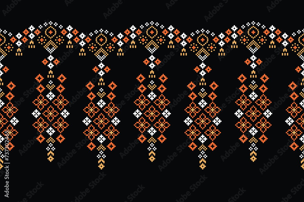 Traditional ethnic motifs ikat geometric fabric pattern cross stitch.Ikat embroidery Ethnic oriental Pixel black background.Abstract,vector,illustration. Texture,scarf,decoration,wallpaper. Traditional ethnic motifs ikat geometric fabric pattern cross stitch.Ikat embroidery Ethnic oriental Pixel black background.Abstract,vector,illustration. Texture,scarf,decoration,wallpaper.