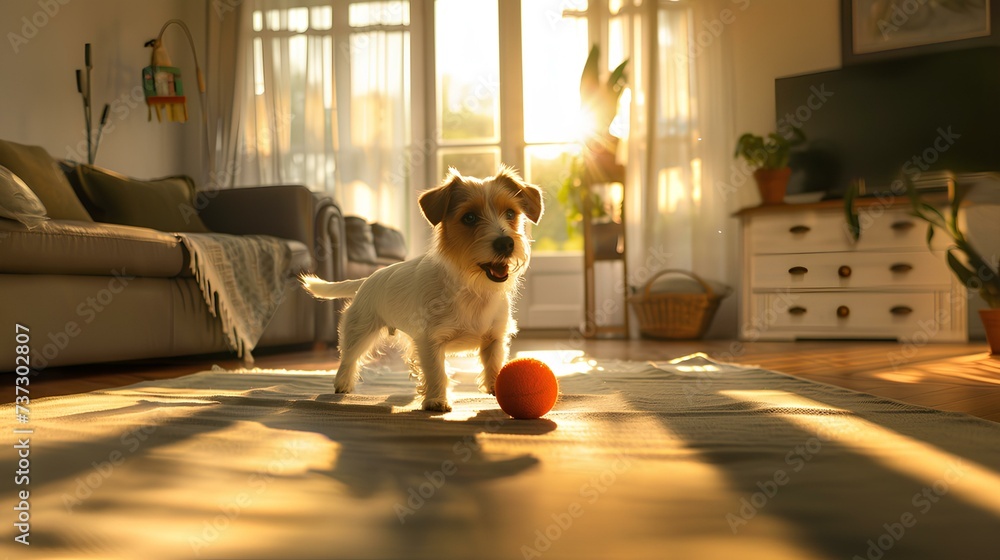 a dog plays a ball in a large bright room, the sun is shining from the window