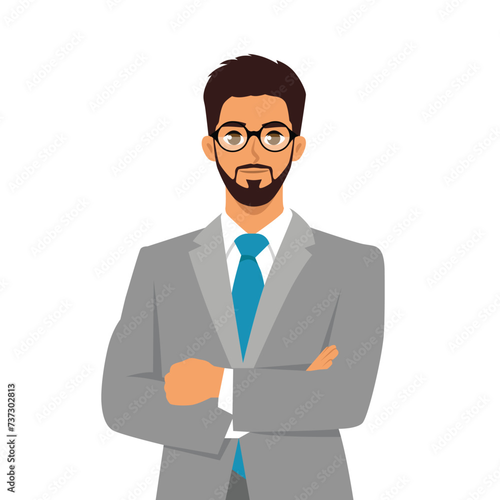A young businessman in glasses and a tie stands with folded hands. Confident man. Flat vector illustration isolated on white background