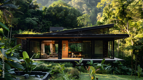 An eco-friendly house, with a lush green forest as the background, during a bright sunny day