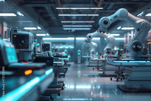 State-of-the-art futuristic hospital with the latest technology machines and robots that operate and assist the doctors with artificial intelligence. photo