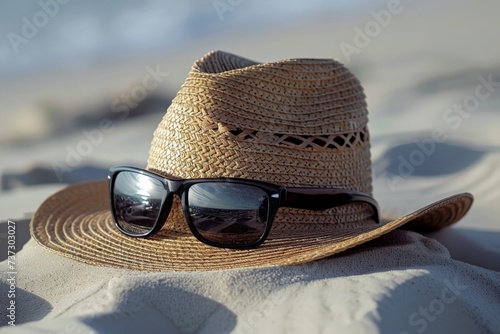 Straw hat and sunglasses on the beach sand. © arhendrix