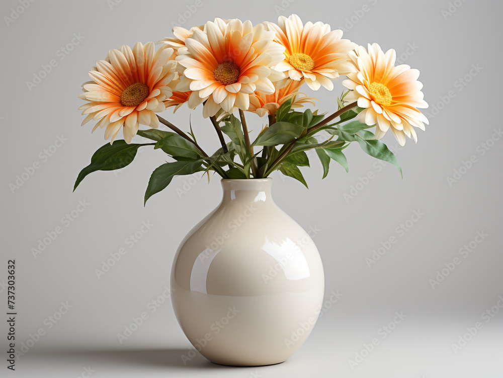 A bouquet of artificial flowers in a modern flower vase with a plain color background.