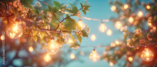 Springtime Magic: Brightly Lit Garden with Blooming Trees and Decorative Lights, Invoking Warm Evenings