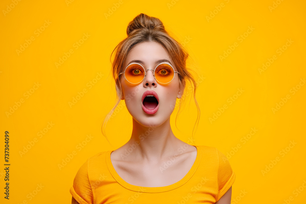 Woman with glasses on and her mouth open.