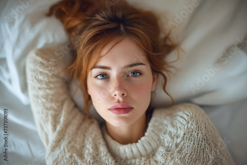 Woman with red hair and blue eyes lies down with her head turned to the side.