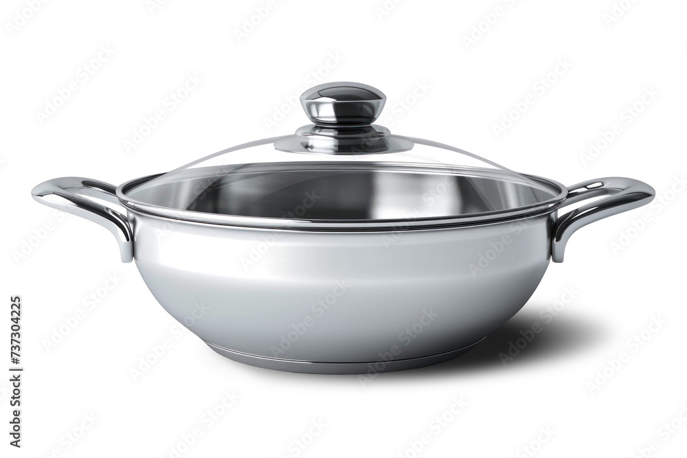 A photo featuring a stainless steel casserole with a lid, showcasing its sleek design and functionality. Isolated A photo featuring a stainless steel casserole with a lid, showcasing its sleek design and functionality. Isolated
