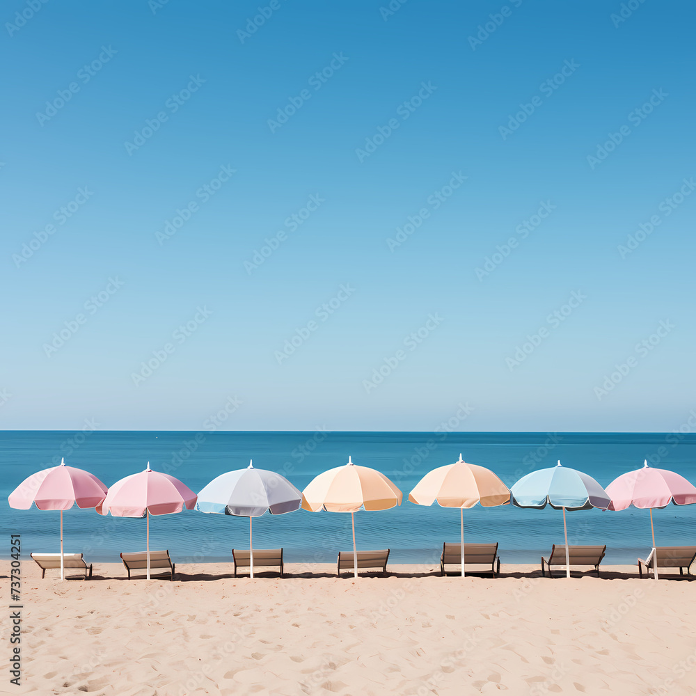 A row of beach umbrellas on a sandy shore. 