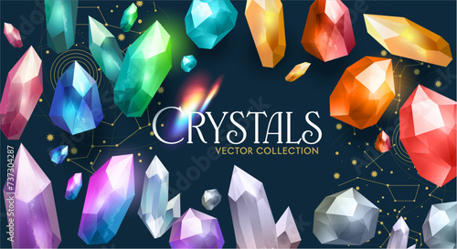 A vector collection of colourful crystals, diamonds and rare gemstones. Vector illustration photo