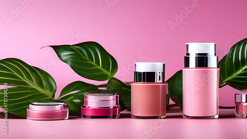 macup, vials and jars of eco-friendly cosmetics. copy space photo