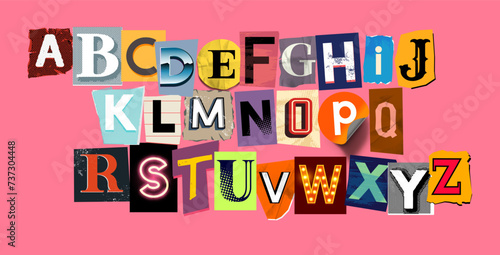 Creative collection of scrap book letters, ransom note alphabet. Vector font illustration. photo