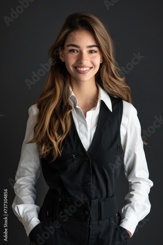 A young woman waiter is standing with a bright cheerful smile radiating warmth and hospitality