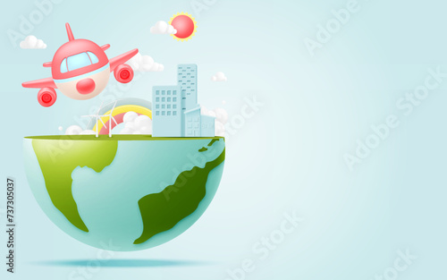 Cute Airplane flying in the sky 3d art with beautiful world background