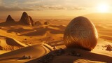 Amidst a sprawling desert landscape, a World Easter egg emerges from the shifting sands, its surface etched with intricate patterns reminiscent of ancient civilizations.
