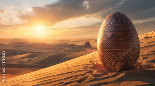 Amidst a sprawling desert landscape  a World Easter egg emerges from the shifting sands  its surface etched with intricate patterns reminiscent of ancient civilizations.