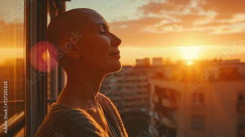 bald woman after chemotherapy sits on the balcony at sunset, meditating, symbol of courage, will and strength in the fight against cancer. World cancer day, Cancer survivors day, breast cancer photo