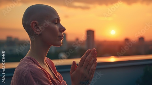 beautiful bald hairless woman praying, keeping hands together, cancer survivors day, thanks God. After chemotherapy woman praying, begging for healing fighting cancer disease. World cancer day