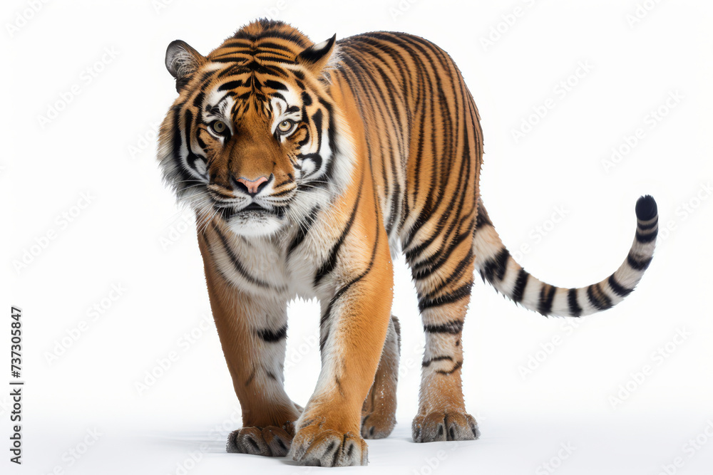  tiger standing, isolated on white background.