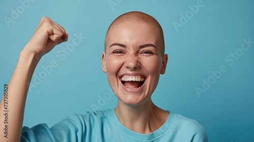  World cancer day, support, solidarity, screening and prevention concept. Cancer survivors day, breast cancer. Smiling young bald woman who won the battle with the disease