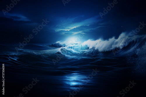 An artistic painting capturing the dynamic movement of ocean waves, rendered in vivid blue tones with frothy white crests, against a serene sky..