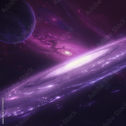 A lilac or light purple galaxy with the Milky Way and a planet resembling Saturn in the background, appearing as if it is distant. A pristine universe with a minimalistic aesthetic