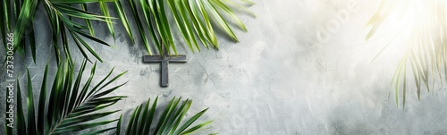 Cross and palm on grey background, ash wednesday concept