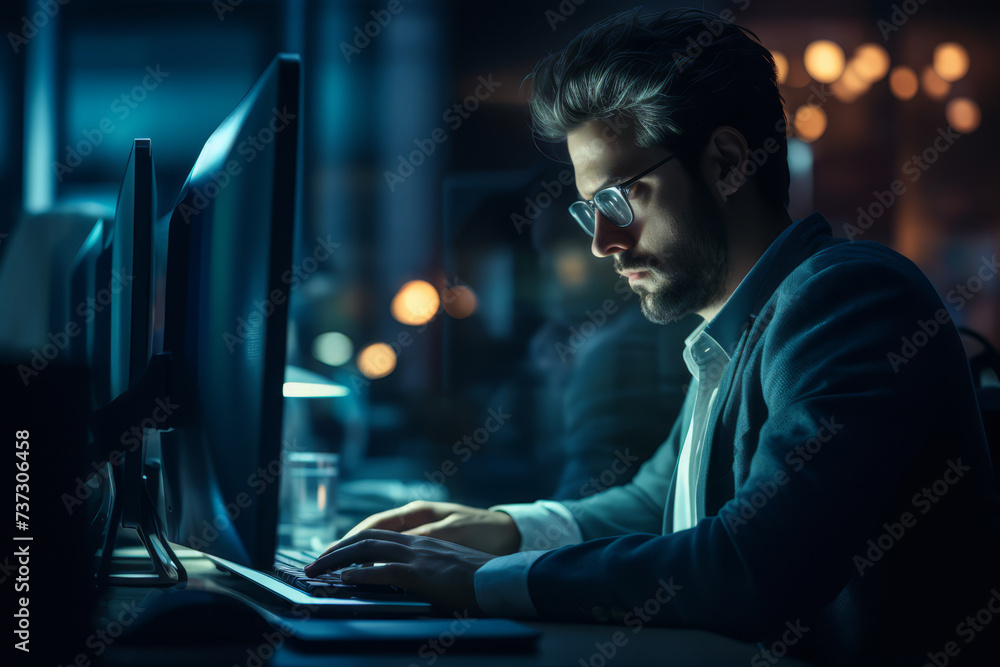 A dedicated professional working intensely at a computer screen in a dark office environment, reflecting late-night work dedication. A dedicated professional working intensely at a computer screen in a dark office environment, reflecting late-night work dedication.