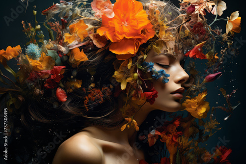 A breathtaking portrait of a woman with her face elegantly adorned with a vibrant and colorful array of flowers, exuding a surreal and natural beauty..