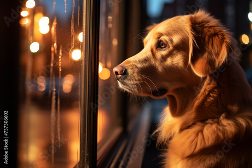 Golden Retriever dog with a shiny golden coat looking out a window