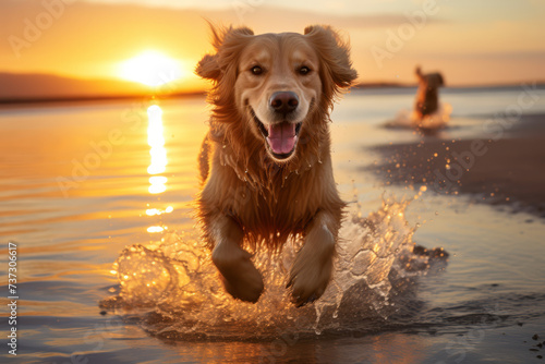 A joyful golden retriever is captured mid-run along the beach, splashing through the waves with a beaming expression, basked in the golden light of the setting sun..