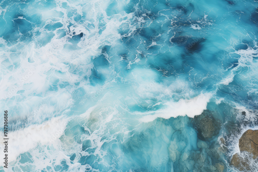 Fototapeta premium Top view of blue frothy sea surface. Shot in the open sea from above.