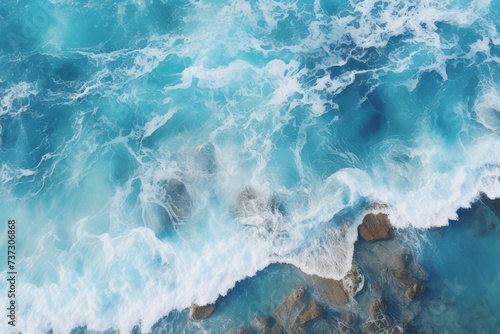 Top view of blue frothy sea surface. Shot in the open sea from above. © bajita111122