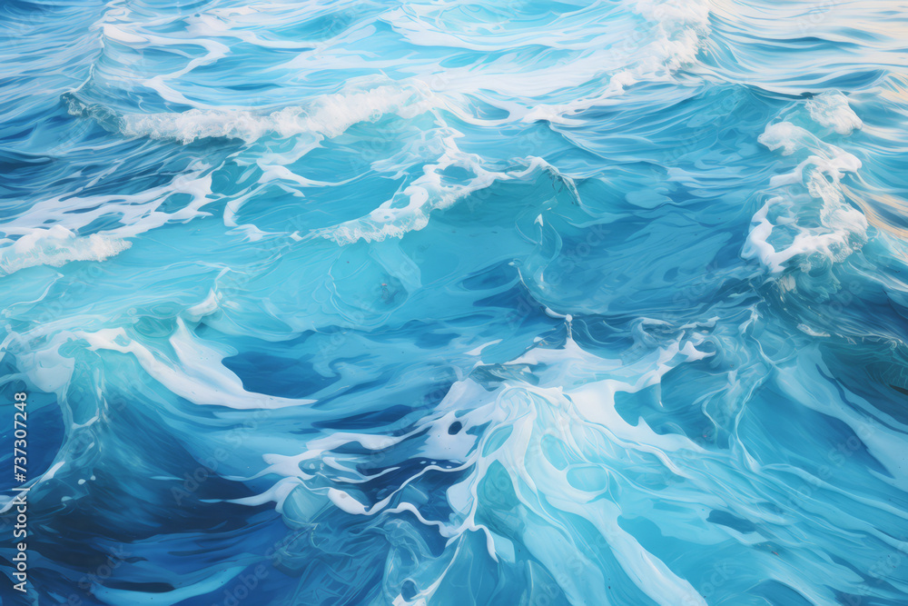 A serene painting that beautifully depicts the calm rhythm of sea waves, flowing in cool shades of blue, evoking a sense of peace and tranquility..