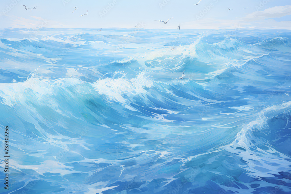 A serene painting that beautifully depicts the calm rhythm of sea waves, flowing in cool shades of blue, evoking a sense of peace and tranquility..